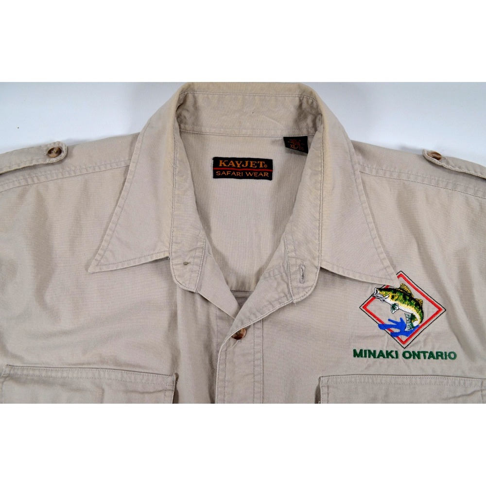 KAYJET Safari‎ Wear Beige Shirt Men's XL  Minaki Ontario Fish Logo Outdoors